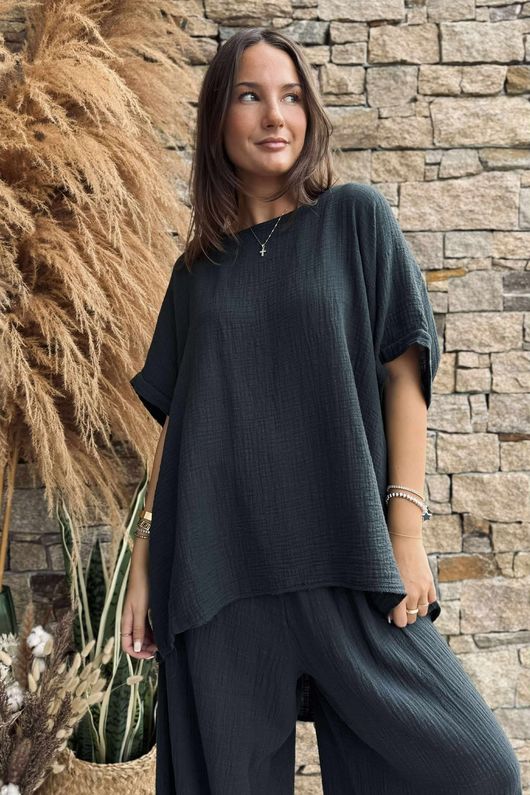 Pure Cotton Santos Keyhole Drape Back Top Charcoal